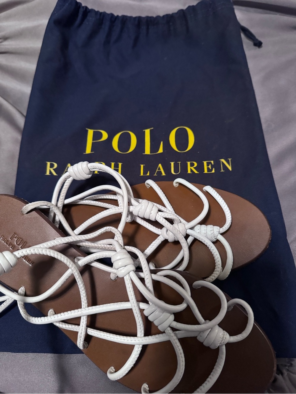 Polo by Ralph Lauren White Strappy Leather Flat Sandals on Brown Footbed